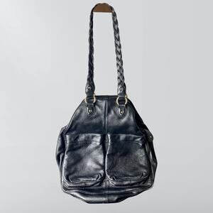 BODHI Black Pebbled Leather Braided Strap Satchel Shoulder Bag Purse